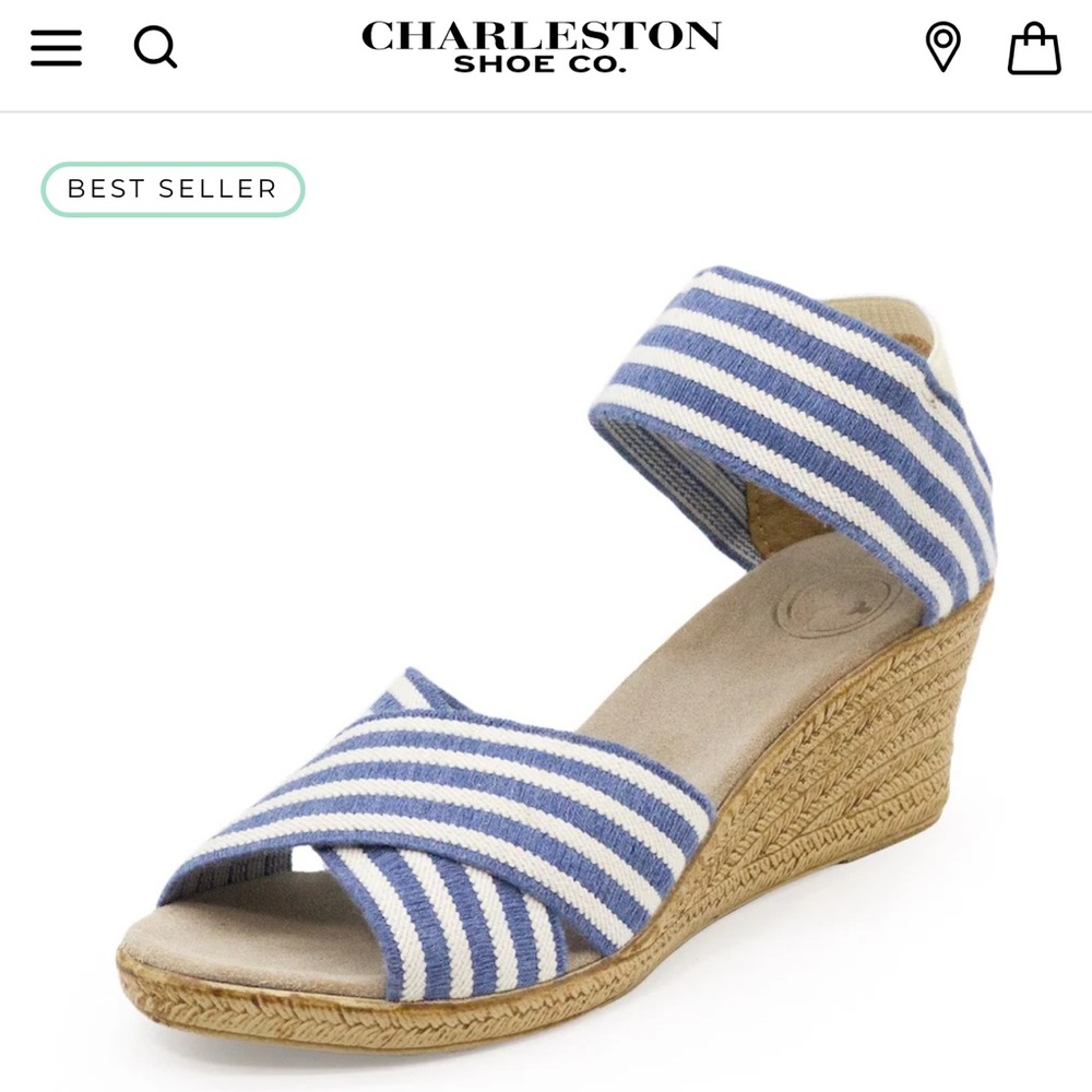 NEW Stretch Espadrille Wedge Sandals, Blue Stripe, Charleston Shoe Co, sz 8-8.5